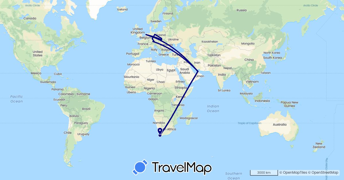 TravelMap itinerary: driving in United Arab Emirates, Austria, Germany, Netherlands, Poland, South Africa (Africa, Asia, Europe)